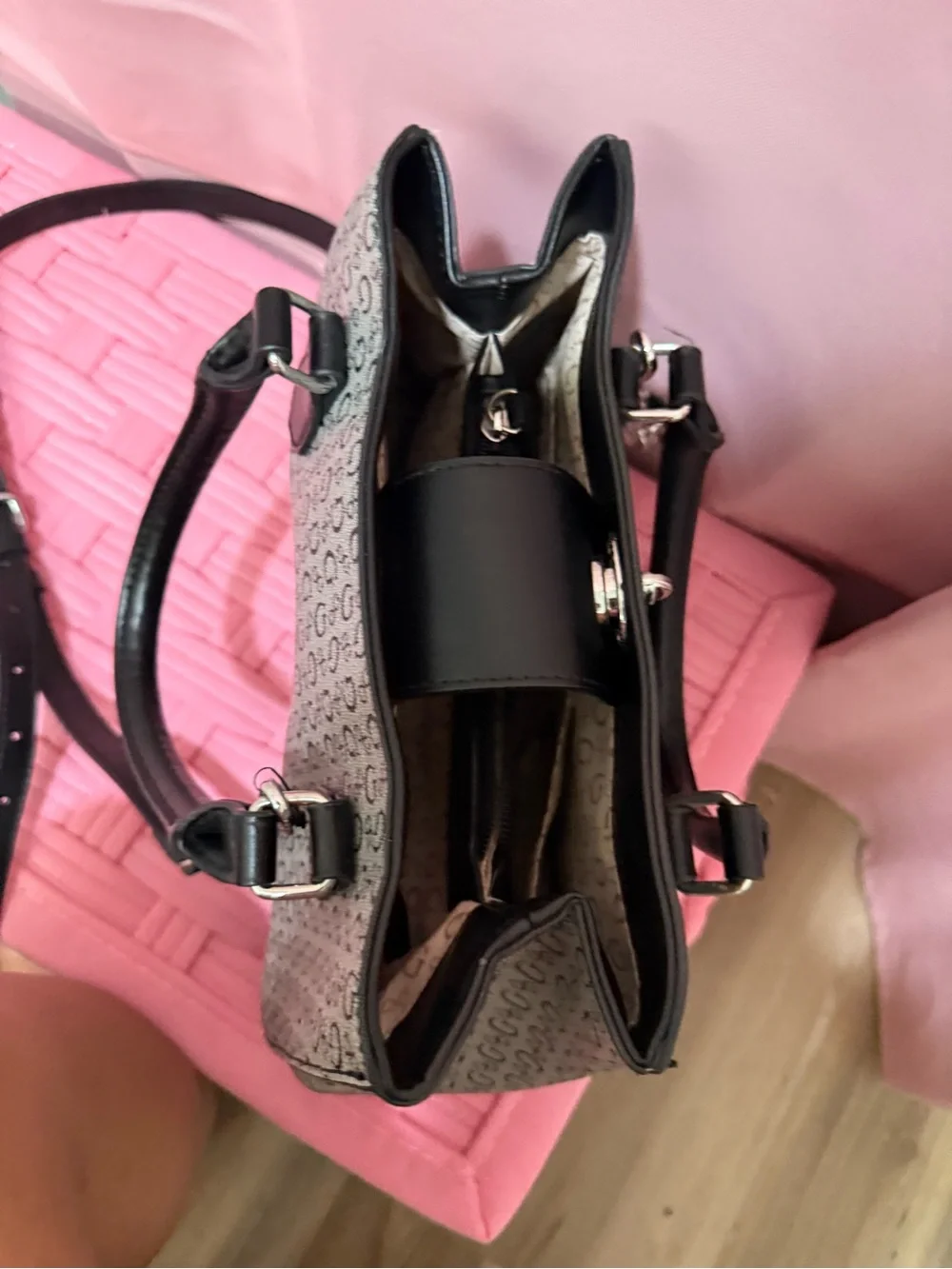Guess Gray Monogram Satchel with Black Trim